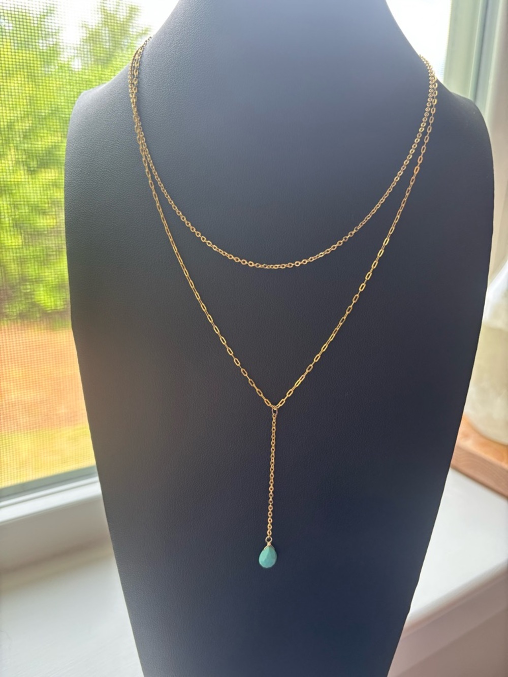 Gold Plated Lariat Necklace Turquoise Teardrop Pendant Y Necklace Layered Boho - Picture 14 of 16